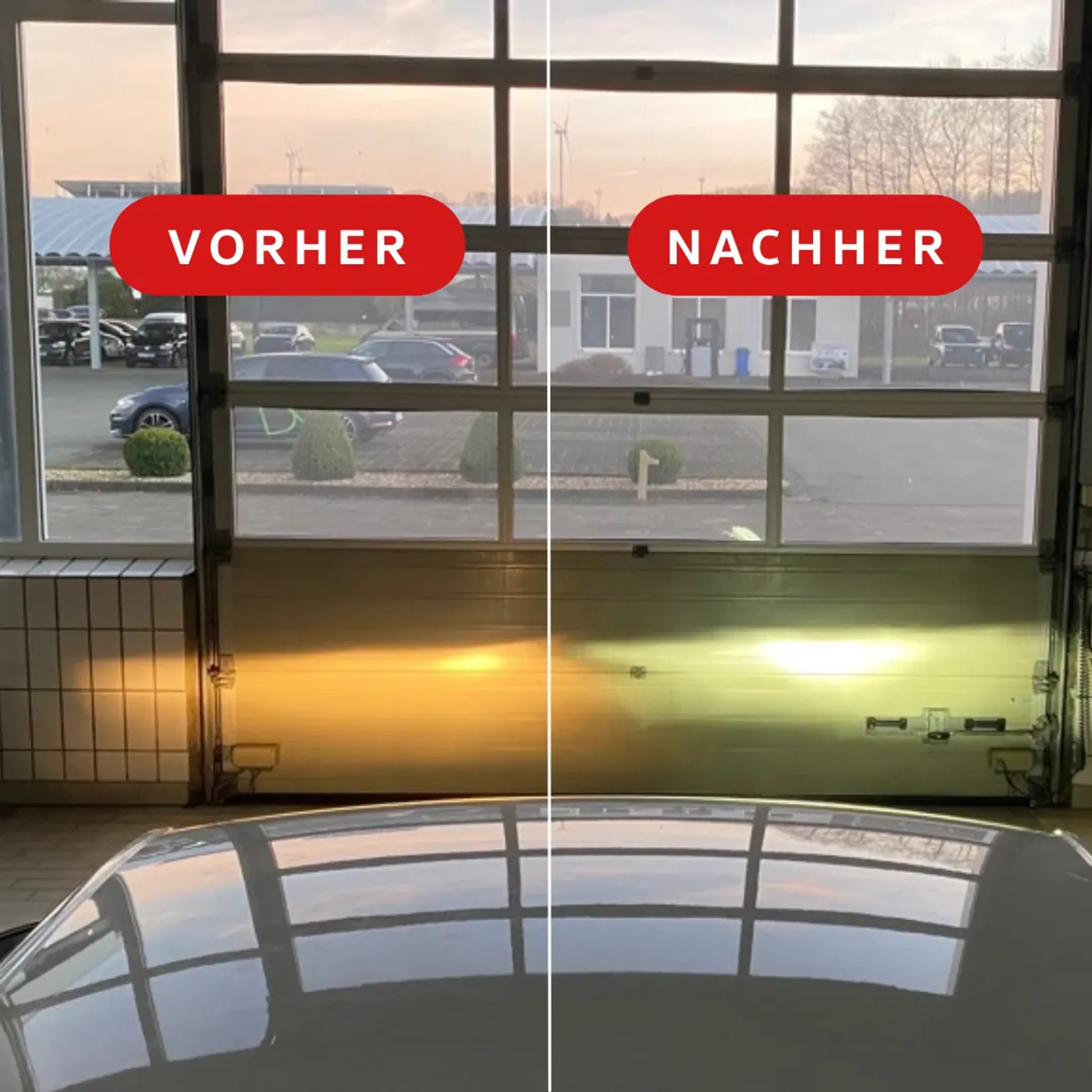 Vergleich Halogen Scheinwerfer mit LED Scheinwerfer am Werkstatttor