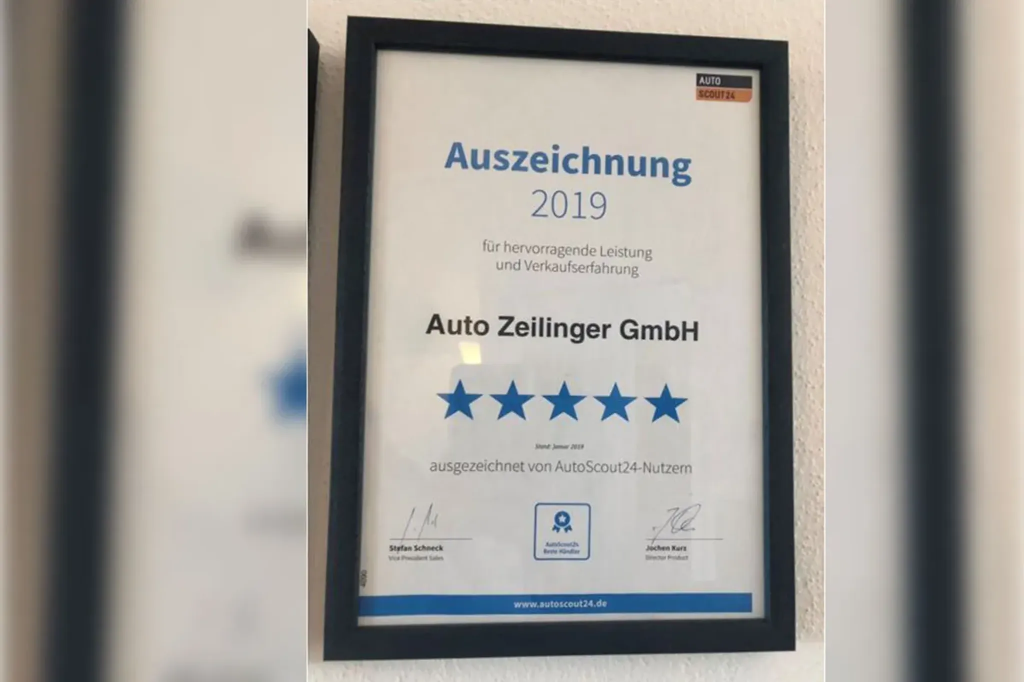 Auszeichnung von Autoscout für Verkaufserfolg 2019